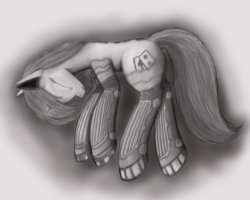 Size: 2500x2000 | Tagged: safe, artist:pantzar, oc, oc only, oc:blackjack, cyborg, pony, unicorn, fallout equestria, fallout equestria: project horizons, amputee, black and white, cybernetic legs, eyes closed, fanfic, fanfic art, female, grayscale, high res, hooves, horn, level 2 (project horizons), mare, monochrome, solo
