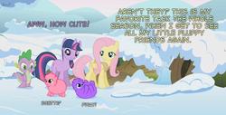 Size: 960x489 | Tagged: safe, artist:bronyboy, fluttershy, spike, twilight sparkle, dragon, fluffy pony, pegasus, pony, unicorn, g4, season 1, winter wrap up, cute, unicorn twilight, winter