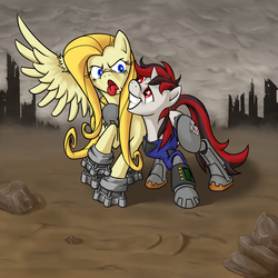 Size: 1040x1040 | Tagged: dead source, safe, artist:kalemon, oc, oc only, oc:blackjack, oc:psychoshy, pegasus, pony, unicorn, fallout equestria, fallout equestria: project horizons, amputee, cybernetic legs, drunk, duo, duo female, female, horn, pegasus oc, power hoof, unicorn oc, wings