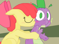 Size: 800x600 | Tagged: safe, artist:weaver, apple bloom, spike, dragon, earth pony, pony, g4, blushing, cheek kiss, duo, exclamation point, female, heart, interspecies, kissing, male, ship:spikebloom, shipping, straight, surprise kiss