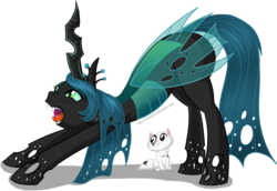 Size: 1448x998 | Tagged: safe, artist:hollowzero, queen chrysalis, cat, changeling, changeling queen, g4, behaving like a cat, crown, cute, cutealis, face down ass up, jewelry, open mouth, regalia, simple background, stretch, stretching, transparent background, vector, yawn