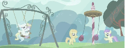 Size: 1111x435 | Tagged: safe, screencap, alula, cotton cloudy, dinky hooves, noi, pluto, earth pony, pegasus, pony, unicorn, g4, ponyville confidential, animated, animated screencap, bipedal, female, filly, loop, playground, swing, swing set, tetherball