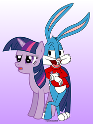 Size: 800x1069 | Tagged: safe, artist:framwinkle, twilight sparkle, pony, rabbit, unicorn, g4, animal, buster bunny, crossover, female, kit, male, mare, tiny toon adventures, warner brothers, younger