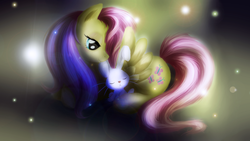 Size: 1920x1080 | Tagged: safe, artist:sh2otingstar, angel bunny, fluttershy, g4, looking at something, prone, turned head, wallpaper