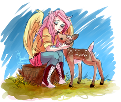 Size: 1120x950 | Tagged: dead source, safe, artist:zobobafoozle, fluttershy, deer, g4, animal, humanized, winged humanization