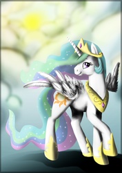 Size: 3508x4961 | Tagged: safe, artist:kiiwka, princess celestia, alicorn, pony, g4, crown, female, grin, hoof shoes, jewelry, mare, regalia, smiling, solo, spread wings, sun, wings