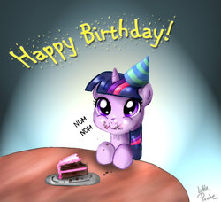 Size: 729x665 | Tagged: dead source, safe, artist:littlepirate, twilight sparkle, pony, unicorn, g4, birthday, cake, cute, female, filly, filly twilight sparkle, nom, puffy cheeks, solo, twiabetes