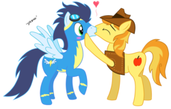 Size: 3390x2152 | Tagged: safe, artist:catiron, braeburn, soarin', earth pony, pegasus, pony, g4, braebetes, cute, duo, gay, high res, kiss on the lips, kissing, male, ship:soarburn, shipping, simple background, soarinbetes, sproing, stallion, transparent background, wingboner