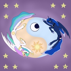 Size: 600x600 | Tagged: safe, artist:chinjerry, princess celestia, princess luna, alicorn, pony, g4, female, mare, moon, pixiv, royal sisters, siblings, sisters, stars, sun, yin-yang