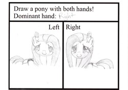 Size: 3509x2481 | Tagged: safe, artist:rezal, fluttershy, bird, g4, draw with both hands, drawing challenge, game, high res, non-dominant hand drawing, traditional art