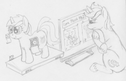 Size: 1280x824 | Tagged: safe, artist:omnifob, lyra heartstrings, oc, pony, unicorn, g4, monochrome, sitting, traditional art