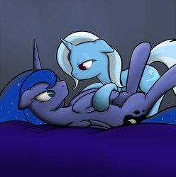 Size: 726x732 | Tagged: safe, artist:theparagon, princess luna, trixie, alicorn, pony, unicorn, g4, bed, female, lesbian, on back, ship:luxie, shipping