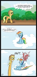 Size: 858x1777 | Tagged: safe, artist:melancholy, applejack, rainbow dash, earth pony, pegasus, pony, g4, 3 panel comic, comic, dialogue, impossibly long neck, long neck, necc, nope, nope.avi, speech bubble, team fortress 2, wat