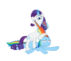 Size: 1400x1208 | Tagged: safe, artist:whitehawke, rainbow dash, rarity, pony, unicorn, g4, and then there's rarity, brushie, do not want, faic, forced makeover, help me, makeover, rainbow dash is best facemaker, rainbow dash is not amused, simple background, transparent background, unamused