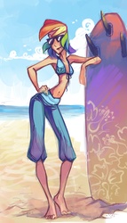 Size: 2299x4023 | Tagged: safe, artist:holivi, rainbow dash, human, g4, armpits, barefoot, beach, feet, female, humanized, skinny, solo, sunglasses, surfboard, thin