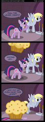 Size: 1650x4500 | Tagged: safe, artist:diegotan, derpy hooves, twilight sparkle, pegasus, pony, unicorn, g4, comic, duo, duo female, female, lever, mare, muffin, parody, pull the lever kronk!, the emperor's new groove, unicorn twilight