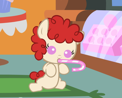 Size: 5000x4000 | Tagged: safe, artist:beavernator, twist, earth pony, pony, g4, baby, baby pony, candy, candy cane, duo, eating, female, foal, food, solo, sugarcube corner