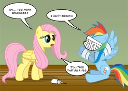 Size: 3118x2206 | Tagged: safe, artist:bcrich40, fluttershy, rainbow dash, g4, bandage, high res, injured