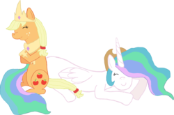 Size: 1357x896 | Tagged: safe, artist:foreverapone, applejack, princess celestia, alicorn, earth pony, pony, g4, accessory swap, duo, duo female, female, mare, simple background, transparent background