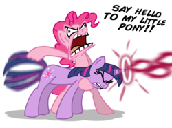 Size: 923x686 | Tagged: safe, artist:niban-destikim, pinkie pie, twilight sparkle, earth pony, pony, unicorn, g4, behaving like a weapon, duo, faic, female, magic, mare, parody, pinkie montana, pun, say hello to my little friend, scar, scarface, title drop, twigun, unicorn twilight