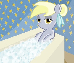 Size: 6400x5402 | Tagged: safe, artist:powerpuffpucca, derpy hooves, pegasus, pony, g4, absurd resolution, bath, bubble bath, female, hair bun, lidded eyes, looking at you, mare