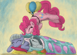 Size: 3484x2460 | Tagged: safe, artist:hewison, limestone pie, marble pie, pinkie pie, g4, balloon, blanket, high res, pie sisters, pillow, sleeping, then watch her balloons lift her up to the sky