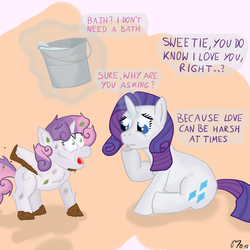 Size: 900x900 | Tagged: safe, artist:dracoblair, rarity, sweetie belle, pony, unicorn, g4, bucket, dialogue, dirty, duo, duo female, female, filly, mare, mud, sisters