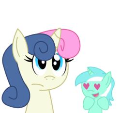 Size: 292x272 | Tagged: safe, artist:sonic-chaos, bon bon, lyra heartstrings, sweetie drops, pony, unicorn, g4, bon bon is not amused, female, heart, lesbian, love, lowres, race swap, ship:lyrabon, shipping, simple background, transparent background, unicorn bon bon