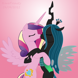 Size: 500x500 | Tagged: safe, artist:haretrinity, princess cadance, queen chrysalis, alicorn, changeling, changeling queen, pony, g4, female, imminent kissing, kissing, lesbian, ship:cadalis, shipping