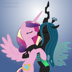 Size: 500x500 | Tagged: safe, artist:haretrinity, princess cadance, queen chrysalis, changeling, changeling queen, g4, female, imminent kissing, kissing, lesbian, ship:cadalis, shipping