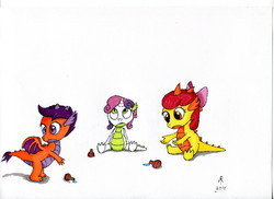 Size: 3509x2550 | Tagged: safe, artist:rameslack, apple bloom, scootaloo, sweetie belle, dragon, g4, cutie mark crusaders, dragon bloom, dragonified, female, high res, potion, scootadragon, species swap, sweetie dragon, traditional art, trio