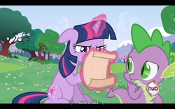 Size: 960x600 | Tagged: safe, screencap, spike, twilight sparkle, a canterlot wedding, g4, letterboxing, youtube caption