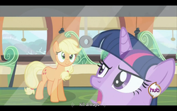 Size: 960x600 | Tagged: safe, screencap, applejack, twilight sparkle, a canterlot wedding, g4, letterboxing, train, youtube caption