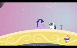 Size: 960x600 | Tagged: safe, screencap, shining armor, twilight sparkle, pony, unicorn, a canterlot wedding, g4, duo, eddie, female, letterboxing, male, mare, reaction image, stallion, twilight alias, youtube caption