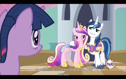 Size: 960x600 | Tagged: safe, screencap, princess cadance, queen chrysalis, shining armor, twilight sparkle, alicorn, pony, unicorn, a canterlot wedding, g4, disguise, disguised changeling, fake cadance, female, letterboxing, male, mare, stallion, youtube caption