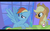 Size: 960x600 | Tagged: safe, screencap, applejack, orange slice, rainbow dash, earth pony, pegasus, a canterlot wedding, g4, my little pony: friendship is magic, drink, duo, hub logo, juice, letterboxing, logo, orange juice, spread wings, straw, table, the hub, water, wings, youtube caption