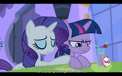 Size: 960x600 | Tagged: safe, screencap, rarity, twilight sparkle, a canterlot wedding, g4, letterboxing, youtube caption