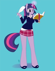 Size: 618x800 | Tagged: safe, artist:miu, twilight sparkle, unicorn, anthro, unguligrade anthro, g4, blue background, book, bookmark, clothes, cyan background, female, legs, levitation, magic, magic aura, mare, plaid skirt, quill, school uniform, schoolgirl, shoes, simple background, skirt, smiling, solo, telekinesis, twibright, unicorn twilight