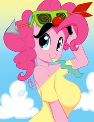 Size: 618x800 | Tagged: safe, artist:miu, pinkie pie, earth pony, anthro, g4, griffon the brush off, big breasts, breasts, busty pinkie pie, clothes, cloud, cloudy, clown nose, cute, diapinkes, female, groucho mask, looking at you, noisemaker, off shoulder, red nose, shirt, solo