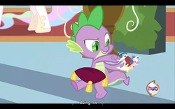 Size: 960x600 | Tagged: safe, screencap, princess celestia, spike, a canterlot wedding, g4, letterboxing, youtube caption