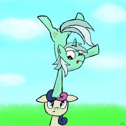 Size: 2300x2300 | Tagged: safe, artist:wonder-waffle, bon bon, lyra heartstrings, sweetie drops, earth pony, pony, unicorn, g4, backbend, balancing, bon bon is not amused, duo, high res, standing, standing on one leg, tongue out, unamused