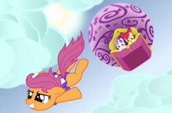 Size: 5000x3292 | Tagged: safe, artist:blackgryph0n, apple bloom, scootaloo, sweetie belle, earth pony, pegasus, pony, unicorn, g4, balloon, cutie mark crusaders, female, filly, foal, hot air balloon, parachute, skydiving, trio, twinkling balloon