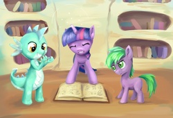 Size: 800x543 | Tagged: safe, artist:vapgames, lyra heartstrings, spike, twilight sparkle, dragon, g4, book, dragonified, golden oaks library, library, ponified, ponified spike, species swap