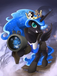 Size: 768x1024 | Tagged: safe, artist:don-ko, nightmare moon, alicorn, pony, g4, crossover, crown, demoman, demoman (tf2), eyeaduct, female, jewelry, mare, regalia, smiling, solo, team fortress 2