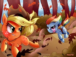 Size: 2000x1500 | Tagged: safe, artist:rubypm, applejack, rainbow dash, g4, running of the leaves