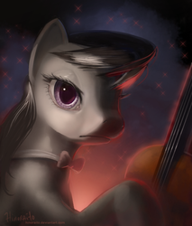Size: 579x678 | Tagged: dead source, safe, artist:hinoraito, octavia melody, earth pony, pony, g4, bust, cello, colored pupils, female, looking at you, musical instrument, solo