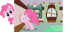 Size: 9000x4000 | Tagged: safe, artist:blackgryph0n, pinkie pie, earth pony, pony, g4, absurd resolution, bipedal, breaking the fourth wall, cute, diapinkes, female, fourth wall, fourth wall destruction, grin, inkscape, looking at you, pinkie being pinkie, simple background, smiling, solo, sugarcube corner, transparent background, vector, window