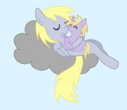 Size: 944x821 | Tagged: safe, artist:rmmis-applemaster, derpy hooves, dinky hooves, pegasus, pony, g4, cloud, cuddling, equestria's best mother, female, mare