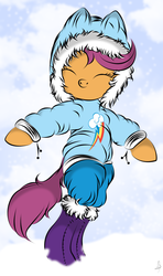 Size: 890x1506 | Tagged: safe, artist:v-d-k, scootaloo, pony, g4, bipedal, boots, clothes, cute, cutealoo, eyes closed, female, hoof boots, parka, snow, snow pants, solo, winter, winter outfit
