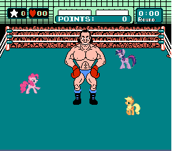 Size: 514x452 | Tagged: safe, applejack, pinkie pie, twilight sparkle, g4, animated, crossover, punch-out!!, super macho man, wat